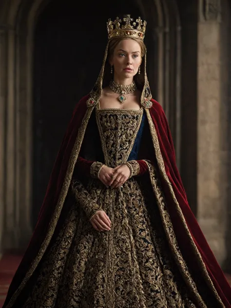 15th century british duke woman,30-year-old,cape,crown,throne room,sinister expression,cinematic still,hyperdetailed photography...