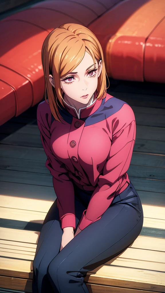 hot nobara, sitting crossed legs, minimal outfit, detailed face, detailed eyes, detailed lips, detailed nose, long eyelashes, masterpiece, highly detailed, vibrant colors, cinematic lighting, anime style , sexy body 