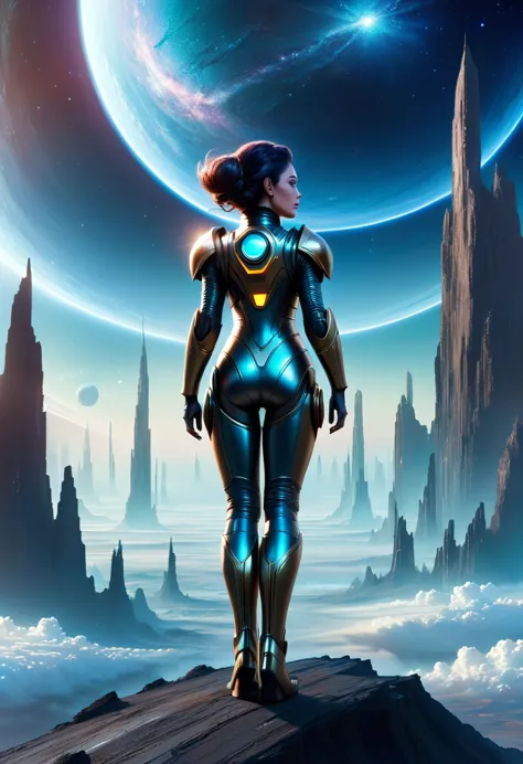 space woman standing on the edge of horizon looking at the view and viewer, sci fi art style of the masters,