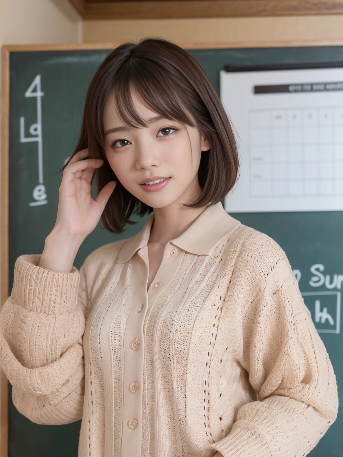 (One woman), short bob, 28 years old, Japanese, brown eyes, brown hair, slim figure, flat chest, rosy cheeks, flushed face,
Break
Clothing
Pastel pink polo shirt, beige chinos, blue cardigan around neck.
Expression and background
Writing equations on the blackboard with a serious expression. You can see that she is studying with a smile and having fun. The background is her study room at home, with a timetable posted on the wall.