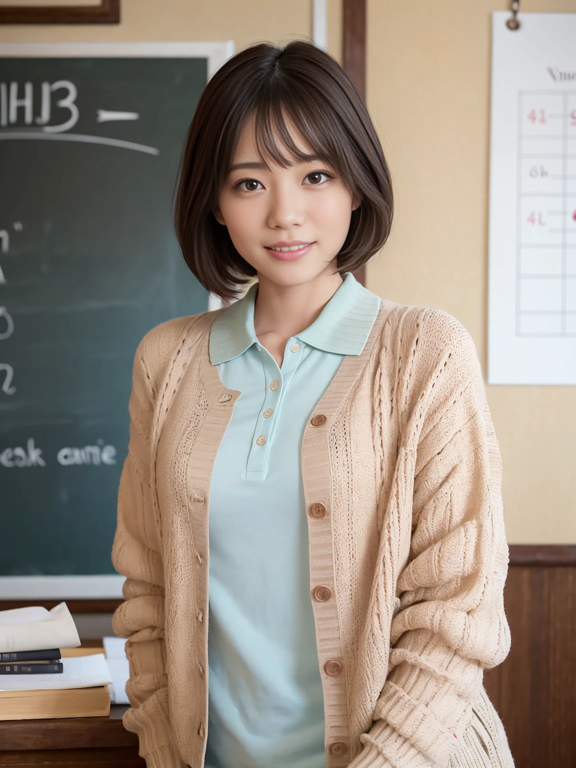 (One woman), short bob, 28 years old, Japanese, brown eyes, brown hair, slim figure, flat chest, rosy cheeks, flushed face,
Break
Clothing
Pastel pink polo shirt, beige chinos, blue cardigan around neck.
Expression and background
Writing equations on the blackboard with a serious expression. You can see that she is studying with a smile and having fun. The background is her study room at home, with a timetable posted on the wall.