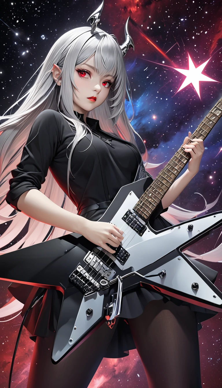 female demon with a black base, a silver mask with red eyes that covers the entire head, a beautiful form, long straight silver hair, and a long, flowing black dress, playing a star-shaped deformed electric guitar, background galaxy, octagram, shading effects, gradation magic effects, (ultra detailed, absolutely resolution, best quality:1.3), 2.5D, delicate and dynamic, artistic photography, hyper realistic, graphic CG digital art