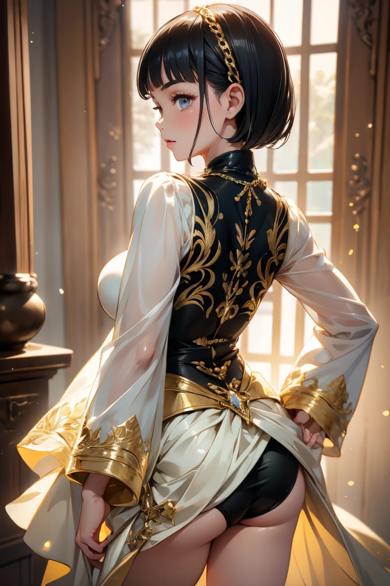 Kirigaya Suguha, 1girl, beautiful detailed eyes, beautiful detailed lips, extremely detailed face and body, extremely detailed intricate uniform, kneel pose , watching from behind , back view , look back , tight clothes , good propotion body ( perfect legs and hands) , gold chain , very pretty