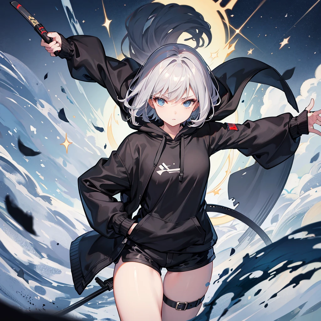 ((Highest quality)), ((masterpiece)), (detailed), One girl, ((Gray Hair))(Shortcuts)(He is holding a wakizashi in his right hand.)(Black coat-like hoodie)((Black short hot pants))(Plump thighs)night(Four Stars of Light)shrine,Whole body 1.3