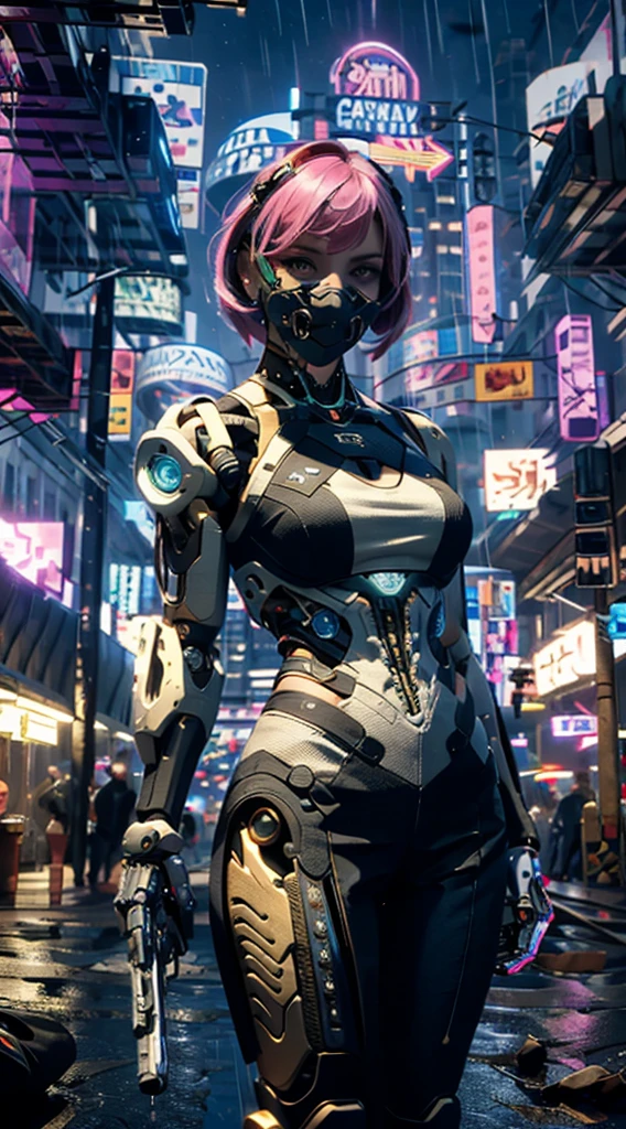 masterpiece, maximum quality, ultra high resolution, 8k, a girl,beauty,21years old,fair skin, extremely beautiful,strong gaze, alone,bust portrait,cyberpunk outfit, extremely detailed face, detailed eyes, mischievous smile, cheerful, realistic photo, totally realistic, human pelle, studio lighting,golden ratio body, wide hips,perfect legs, big ass,pink hair,blunt bangs,blue and white clothing,D-cup breasts,in the cyberpunk city,cyberpunk city background,((night)),rain,tattoos,Combat posture,((cyborg)),((Mechanical mask)),holding a pistol