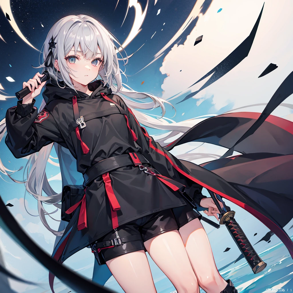 ((Highest quality)), ((masterpiece)), (detailed), 1 Girl 1.3, ((Gray Hair))(Shortcuts)Anatomically correct 1.4(He is holding a wakizashi in his right hand.)(Black coat-like hoodie)((Black short hot pants))(Plump thighs)night(Four Stars of Light)shrine,Whole body 1.3