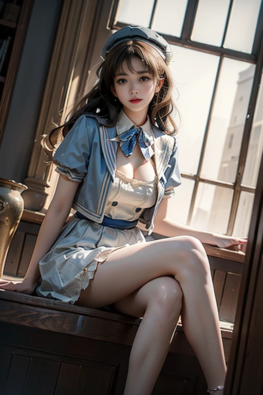 idol clothes,dress,collared dress,jacket,cropped jacket,short sleeves,bowtie,bow,buttons,hat,beret ((1 girl, Elegant posture)), Natural leg proportions, Visible cleavage, masterpiece, ((Sexy long legs, Very beautiful legs)), (best quality, 4K, 8K, high resolution, masterpiece:1.2), Extremely detailed, (Practical, photoPractical, photo-Practical:1.37), Official Art, CG, Anatomically correct, Random Scenes, Random shooting angle, Movie, photography, Intricate background, Soft lighting, Subtle shadows, Vibrant colors, Expressive eyes, Beautiful, high class boutique, Ambience, A moment of honesty, Natural expression, Detailed texture, Fine details, Refined and elegant, Exquisite style, Artistic Composition, Beautifully presented.