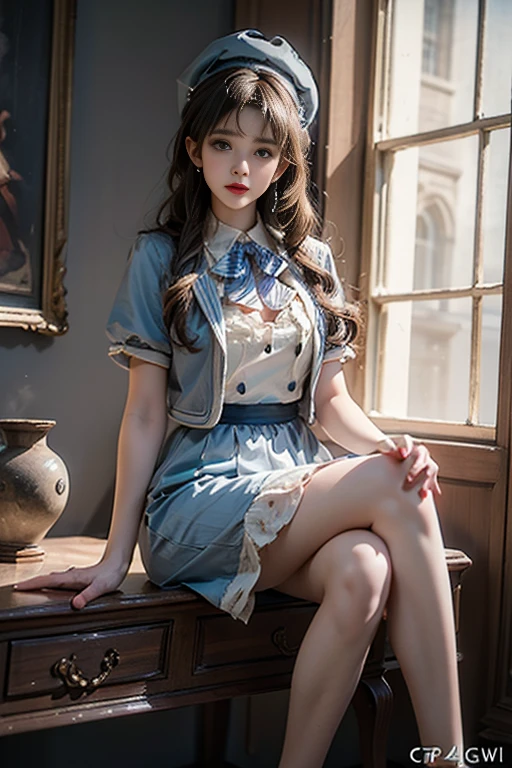 idol clothes,dress,collared dress,jacket,cropped jacket,short sleeves,bowtie,bow,buttons,hat,beret ((1 girl, Elegant posture)), Natural leg proportions, Visible cleavage, masterpiece, ((Sexy long legs, Very beautiful legs)), (best quality, 4K, 8K, high resolution, masterpiece:1.2), Extremely detailed, (Practical, photoPractical, photo-Practical:1.37), Official Art, CG, Anatomically correct, Random Scenes, Random shooting angle, Movie, photography, Intricate background, Soft lighting, Subtle shadows, Vibrant colors, Expressive eyes, Beautiful, high class boutique, Ambience, A moment of honesty, Natural expression, Detailed texture, Fine details, Refined and elegant, Exquisite style, Artistic Composition, Beautifully presented.