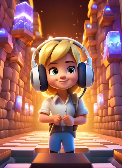 best quality, masterpiece, blonde-haired girl wearing headphones and a white shirt, white shirt, clash royale style, portrait, c...