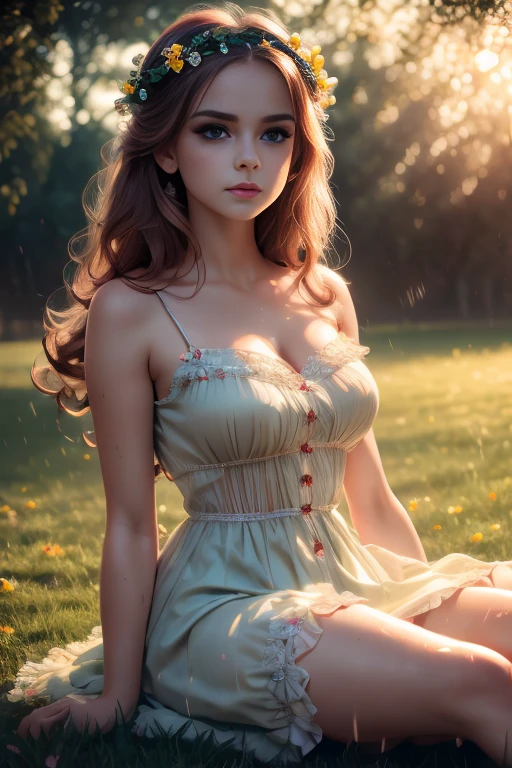 a beautiful delicate young girl,lolita fashion dress,laying in the rain wet grass,sensual body,intricate detailed face,large bright eyes,long eyelashes,rosy lips,pale skin,flower crown,cinematic lighting,dramatic moody atmosphere,cinematic composition,photorealistic,highly detailed,vibrant colors,masterpiece