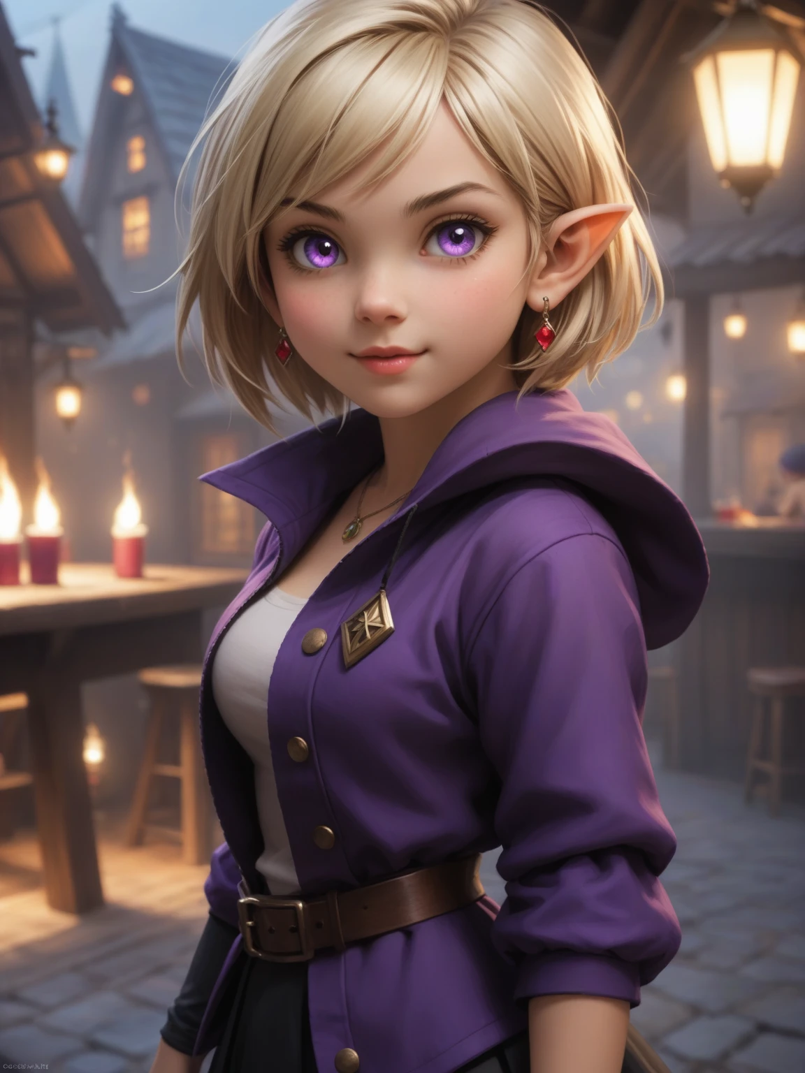 a physically fit cute gnome girl, with six-pack abs, an innocent face, short blond hair, bobbed hairstyle, glowing purple eyes, pointed ears, wearing a fang earring, in a tavern