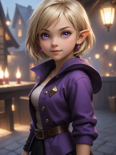 a physically fit cute gnome girl, with six-pack abs, an innocent face, short blond hair, bobbed hairstyle, glowing purple eyes, ...