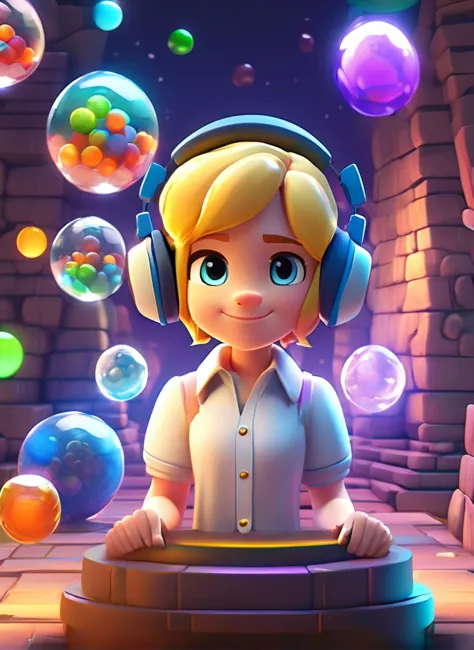 best quality, masterpiece, blonde-haired girl wearing headphones and a white shirt, white shirt, clash royale style, portrait, g...