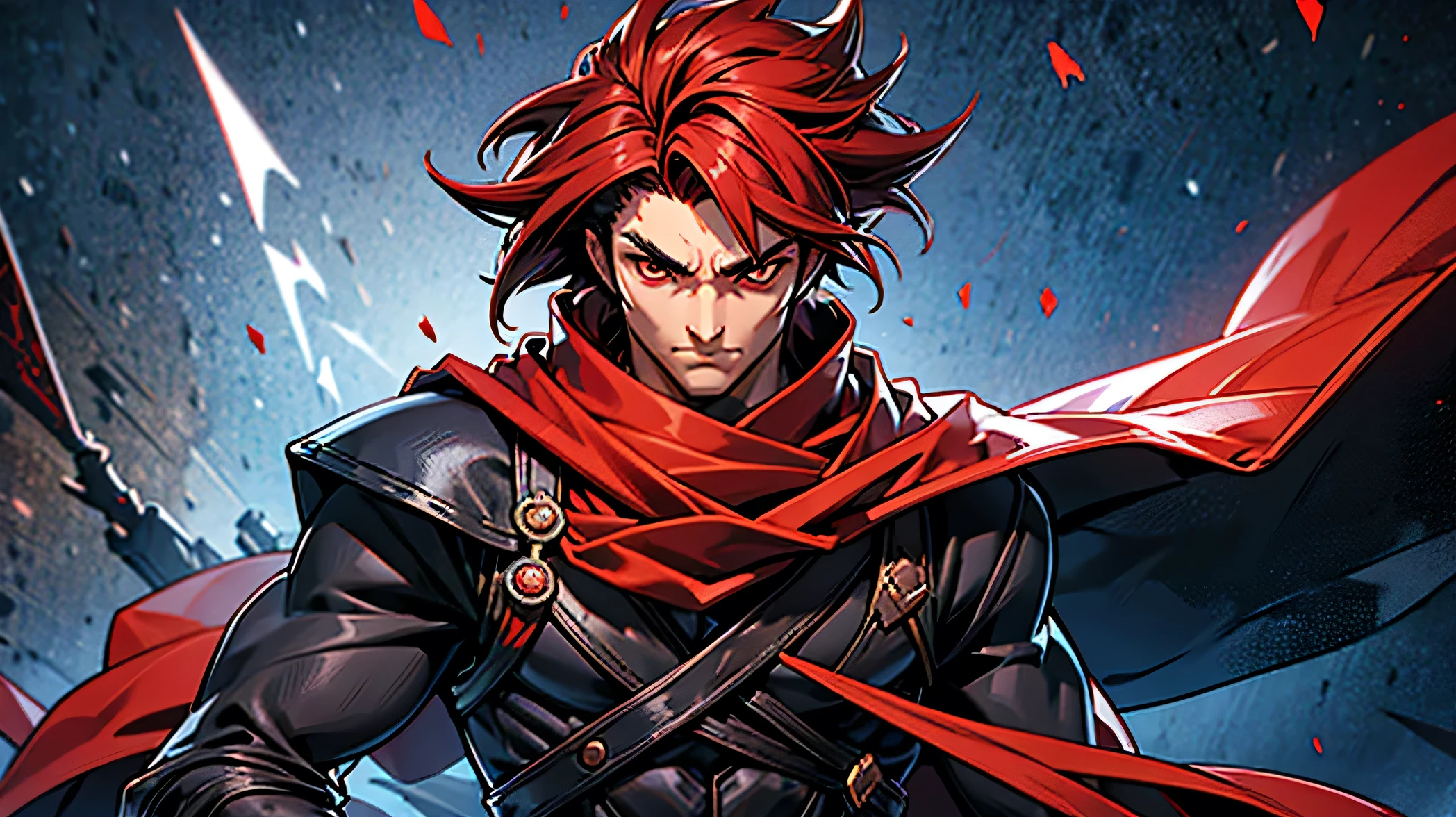 Man, red scarf Covered his mouth, fighter cloth, Holding big shuriken, black comma hair, red eyes, best quality, masterpiece, 8k, handsome looking, facing away