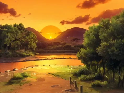 nature, sunset, orange light of sunset, ultra realistic, ultra detailed, best quality, masterpiece.