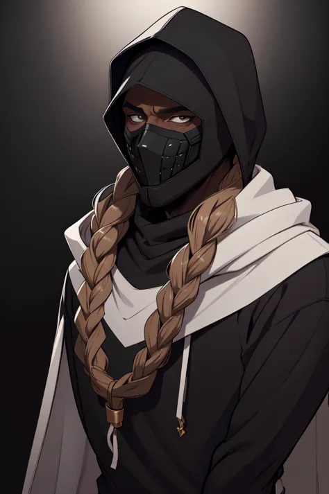 (work of art,best qualityer,absurderes),a dark-skinned male character, with braided hair. he wears a black mask, similar to the ...