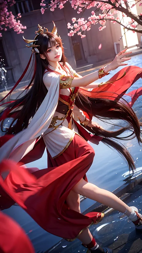 , su daji, fantasy style, long skirt (light red), long hair (pink), water (multiple splashes), black background, light leakage,