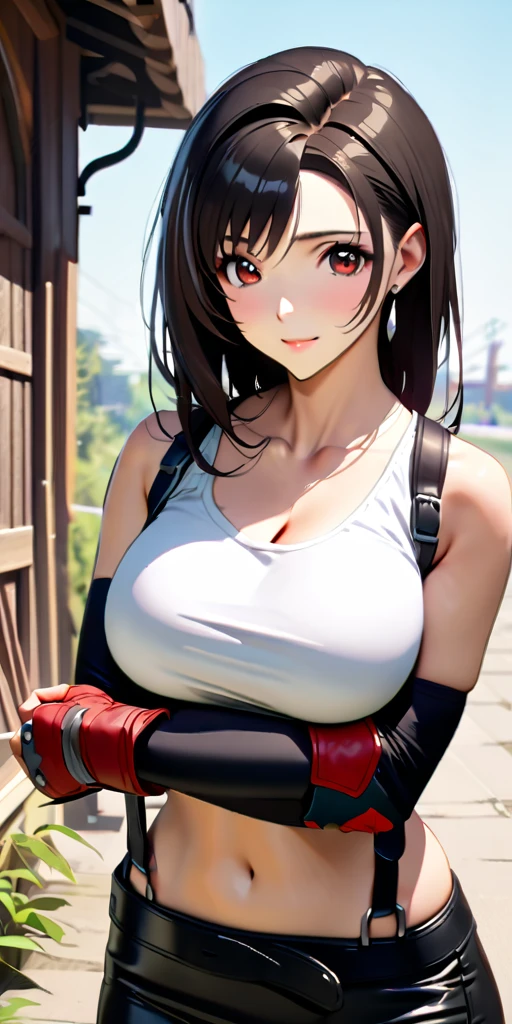 (((((tifa lockhart,Final Fantasy 7:1.5))))),((Highest quality、masterpiece、anime style、best quality、high resolution、8k、detailed、ultra-detailed:1.3))、Long legs:1.2, Beautiful woman with perfect figure:1.4、(Smiling:1.2), double eyelid、30-year-old female、((((One Woman,beautiful face,Beautiful face、Outdoor,upper body:1.5)))),Big Breasts、High resolution, accurate, Anatomically correct, High-resolution model, high quality, Very detailed, Ultra high definition、Black Hair、Straight Hair、Long Hair赤い,オープンフィンガーグローブ