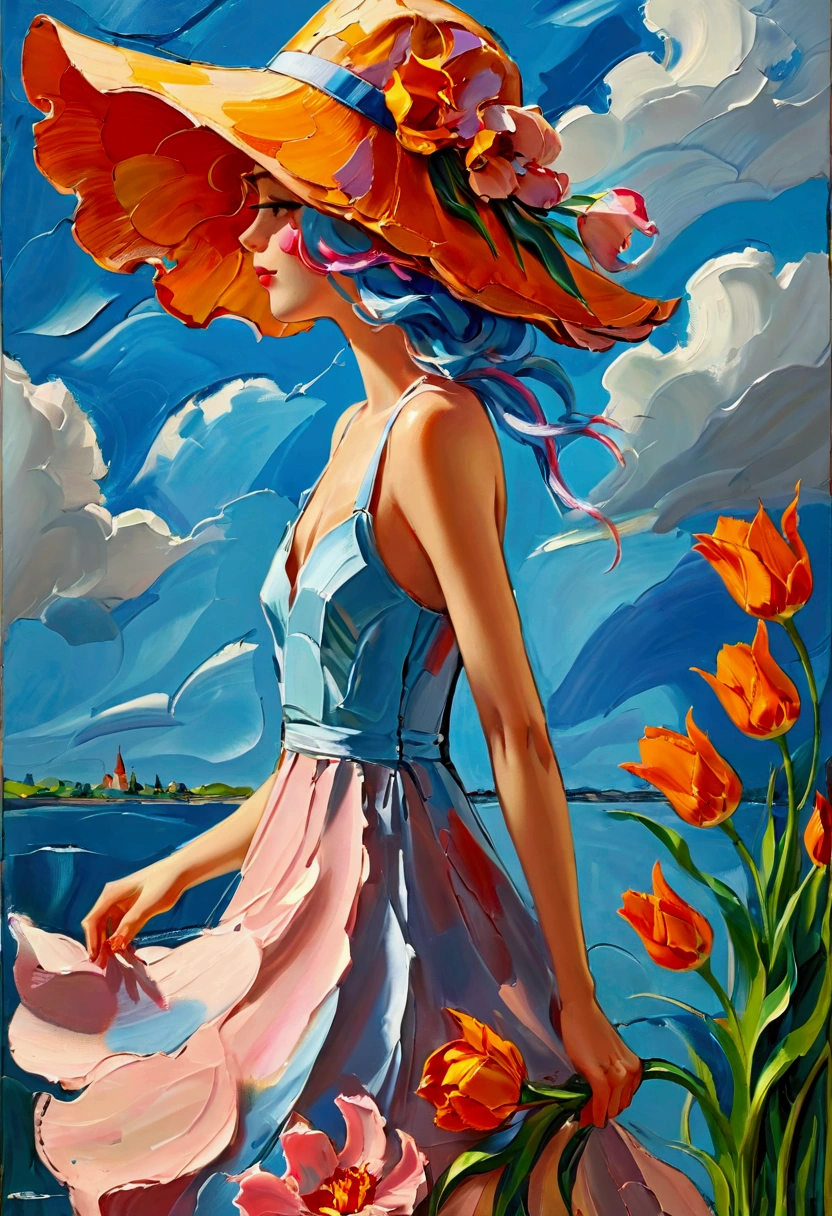 ((Inspired by Charles Camoin)), (Impressionist Painting), 1 Girl，elegant dress，View from the side，Looking at the audience，(Half blue half pink hair)，water，cloud，Sun hat, [Orange tulip flowers], ((best quality, masterpiece)), projected inset,vanishing point,backlighting