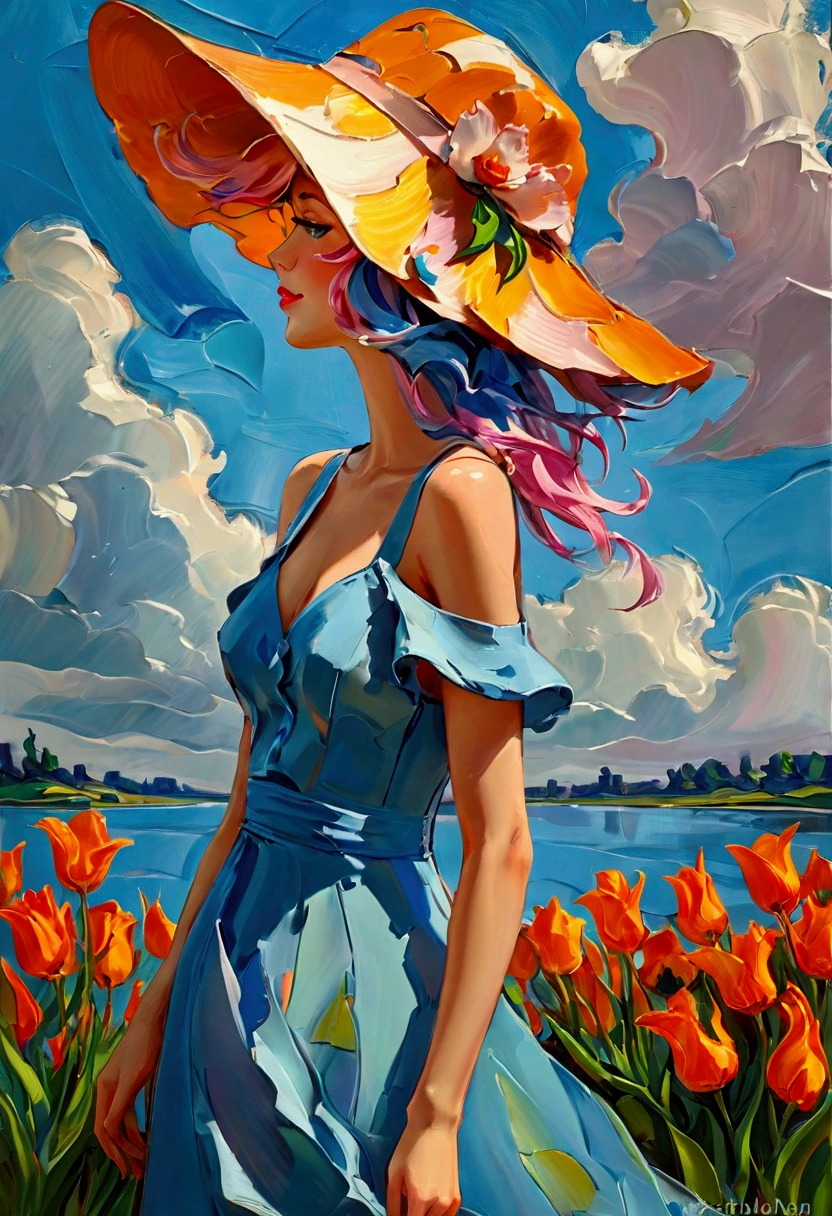 ((Inspired by Charles Camoin)), (Impressionist Painting), 1 Girl，elegant dress，View from the side，Looking at the audience，(Half blue half pink hair)，water，cloud，Sun hat, [Orange tulip flowers], ((best quality, masterpiece)), projected inset,vanishing point,backlighting