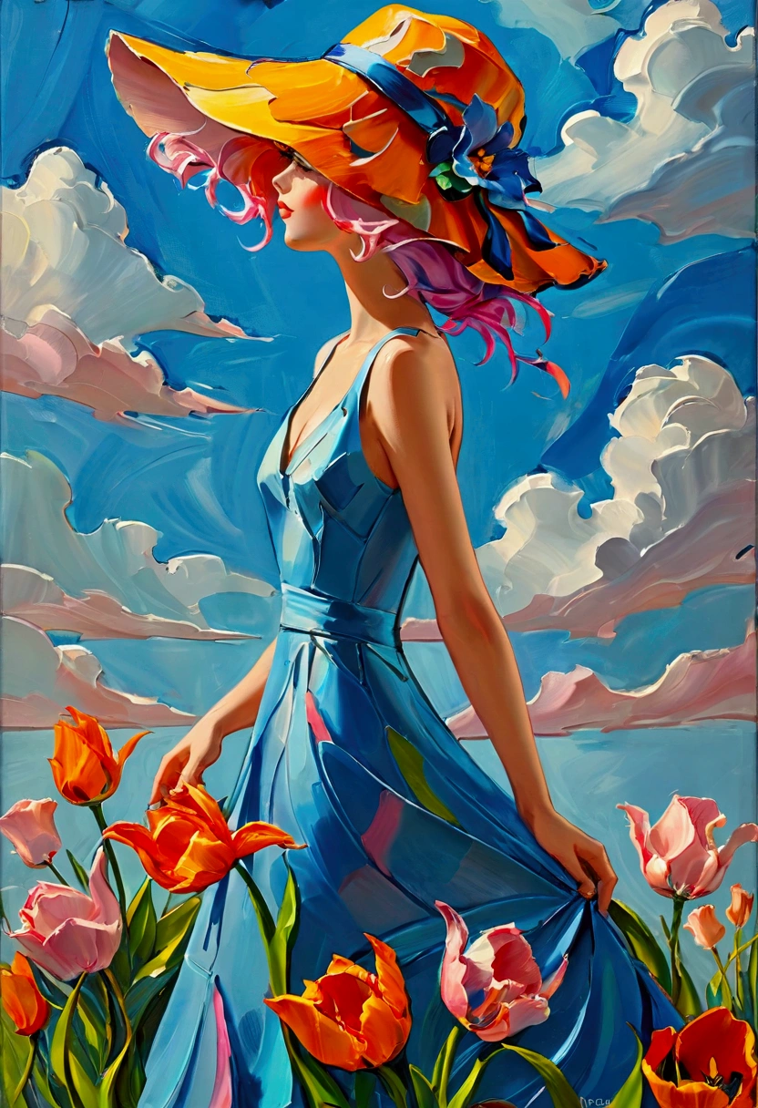 ((Inspired by Charles Camoin)), (Impressionist Painting), 1 Girl，elegant dress，View from the side，Looking at the audience，(Half blue half pink hair)，water，cloud，Sun hat, [Orange tulip flowers], ((best quality, masterpiece)), projected inset,vanishing point,backlighting