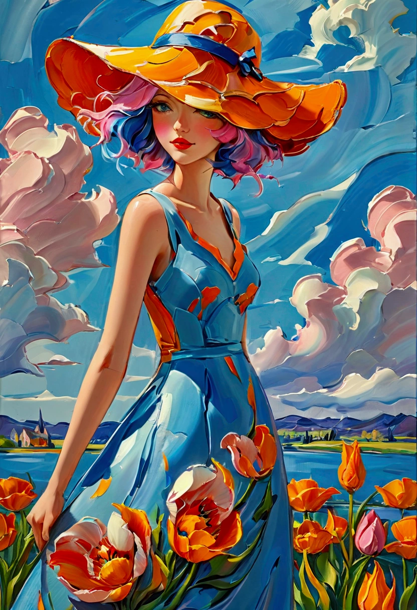 ((Inspired by Charles Camoin)), (Impressionist Painting), 1 Girl，elegant dress，Looking at the audience，(Half blue half pink hair)，water，cloud，Sun hat, [Orange tulip flowers], ((best quality, masterpiece)), projected inset,vanishing point,backlighting