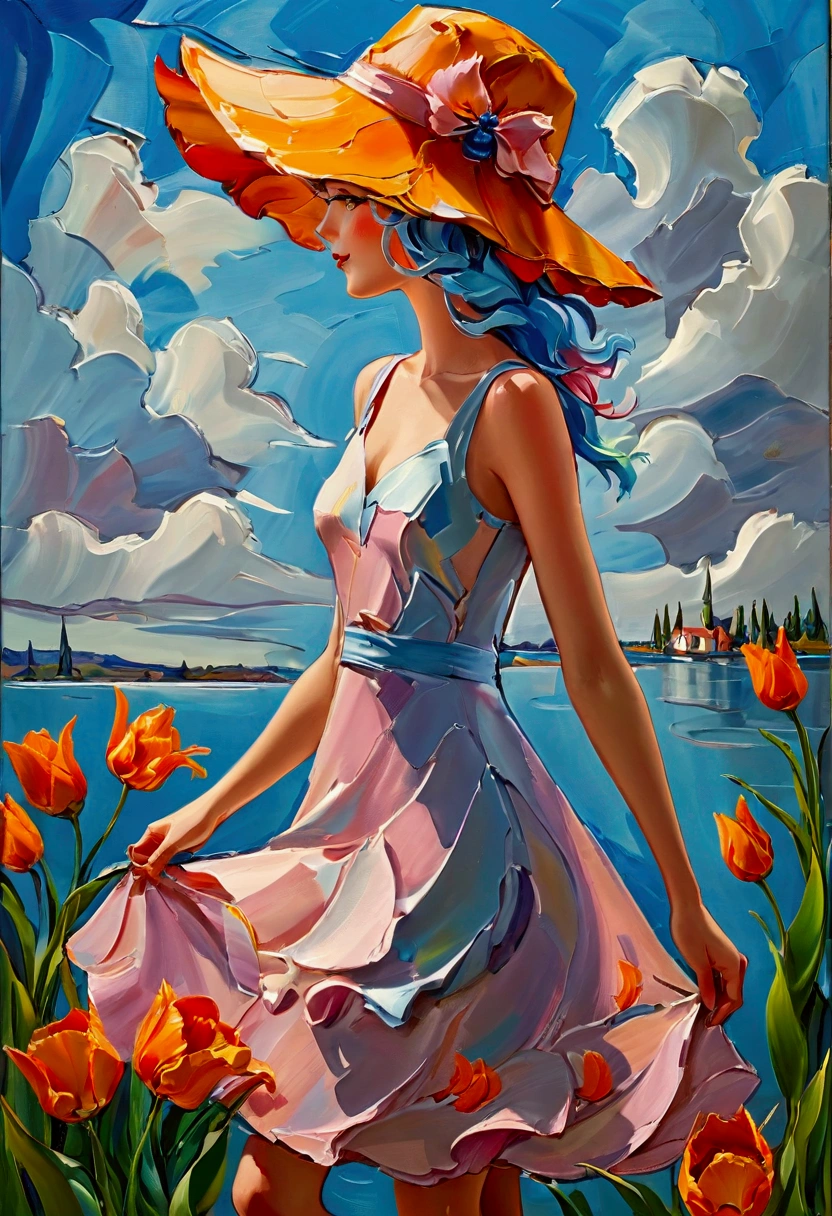 ((Inspired by Charles Camoin)), (Impressionist Painting), 1 Girl，elegant dress，Looking at the audience，(Half blue half pink hair)，water，cloud，Sun hat, [Orange tulip flowers], ((best quality, masterpiece)), projected inset,vanishing point,backlighting