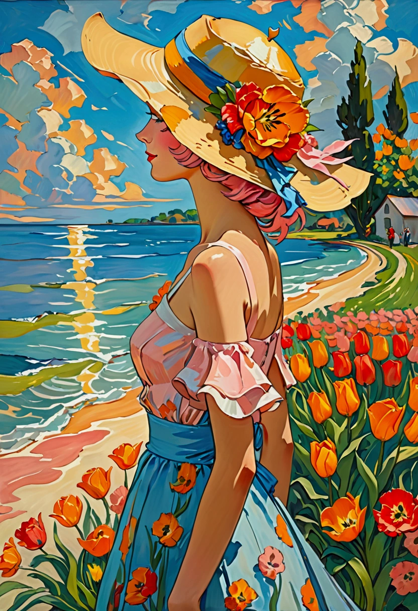 ((Inspired by Charles Camoin)), (Impressionist Painting), 1 Girl，elegant dress，View from the side，Looking at the audience，(Half blue half pink hair)，water，cloud，Sun hat, [Orange tulip flowers], ((best quality, masterpiece)), projected inset,vanishing point,backlighting