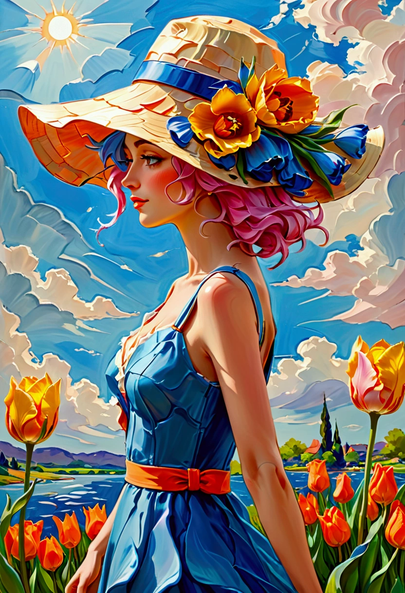 ((Inspired by Charles Camoin)), (Impressionist Painting), 1 Girl，elegant dress，View from the side，Looking at the audience，(Half blue half pink hair)，water，cloud，Sun hat, [Orange tulip flowers], ((best quality, masterpiece)), projected inset,vanishing point,backlighting