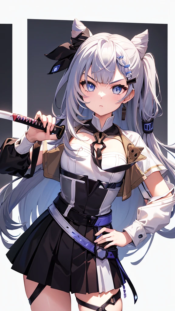 (Vestia zeta, vtuber, virtual youtuber, solo, alone,hold sword, hold katana, drew his sword forward, cool style, look serious