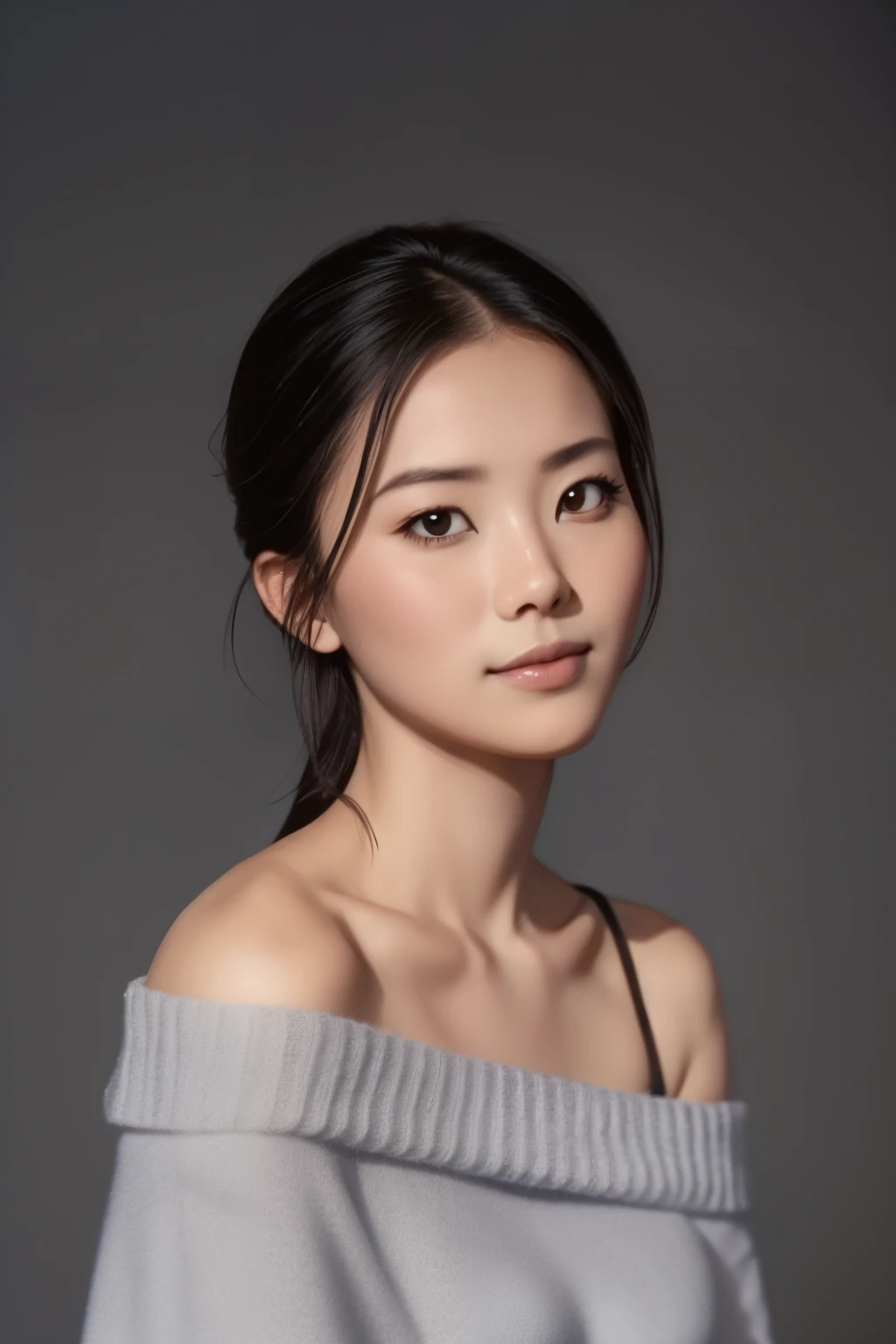 asian babes, She is wearing a soft white sweater with a casual, comfortable neckline.. ((One shoulder is draped)), Slender shoulders exposed with black bra trap, 그녀의 피부에 빛나는 효과를 만들어내는 빛의 beam에 의해 강조됨. , medium shot , beam, Warm atmosphere , Light through the hair, ((medium shot, whole body, slim waist)), Hair up too、 shining eyes, blush, Karl Larsson, Alphonse Mucha, Chiaroscuro, film glen, reflected light, (((long shot))), from the knees up,long shot show (((whole body))), masterpiece, high details, ((gray background, studio lighting ))