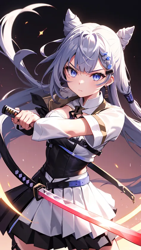 (vestia zeta, vtuber, virtual youtuber, solo, alone,hold sword, hold katana, drew his sword forward, cool style, look serious, f...