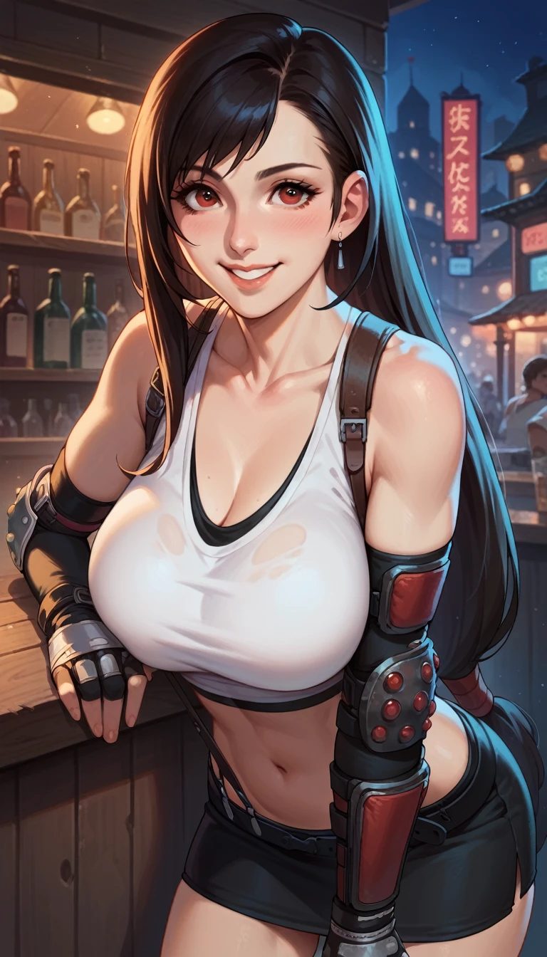 Tifa Lockhart, masutepiece, Best Quality, defTifa, White crop top, elbow pad, Fingerless gloves, suspenders, pencil skirts, Upper body, Looking at Viewer, Leaning forward, Smile, a bar counter, City at night