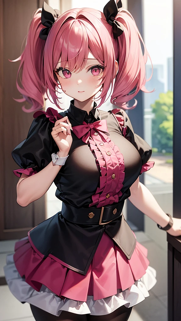 (Highest quality,High resolution,Very detailed,girl)black tights,Pink Hair,Twin tails and short hair,Height: 160cm,cute,Big Breasts,Pink Eyes,I&#39;m wearing a pink skirt,Her eyes are white and shining,Has bright white eyes,Has an embarrassed look on his face,Her eyes are hearts,The chest is very exposed,She&#39;s crying,