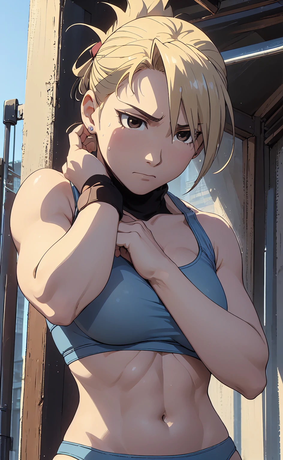 masterpiece, Highest quality, High resolution, One Girl, Hamriz, ponytail, Brown eyes,big , マイクロbikini、Cowboy Shot、Muscular body、blush、Sweat、Composition from the front、anime、(((Light blue bikini、Stand in front、audience、Shaking breasts、Boobs fully exposed、Facing forward)))、((Wrestling Arena)), (Female wrestler), (Slender body, 発Sweat, tired), Mature Woman, Mature Woman, (bikini, Very detailed wrestling equipment)