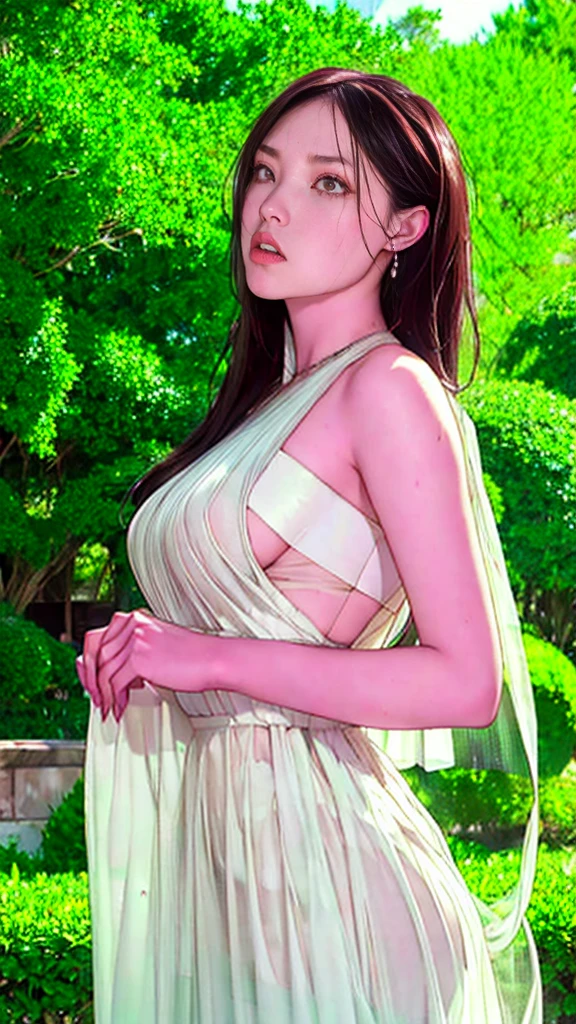 a beautiful woman with emerald green eyes, flowing black hair, wearing a stunning white wedding dress, standing in a lush garden setting, joyful and radiant expression, (best quality,4k,8k,highres,masterpiece:1.2),ultra-detailed,(realistic,photorealistic,photo-realistic:1.37),intricate details,elegant,soft lighting,warm tones,romantic,picturesque landscape,cinematic composition