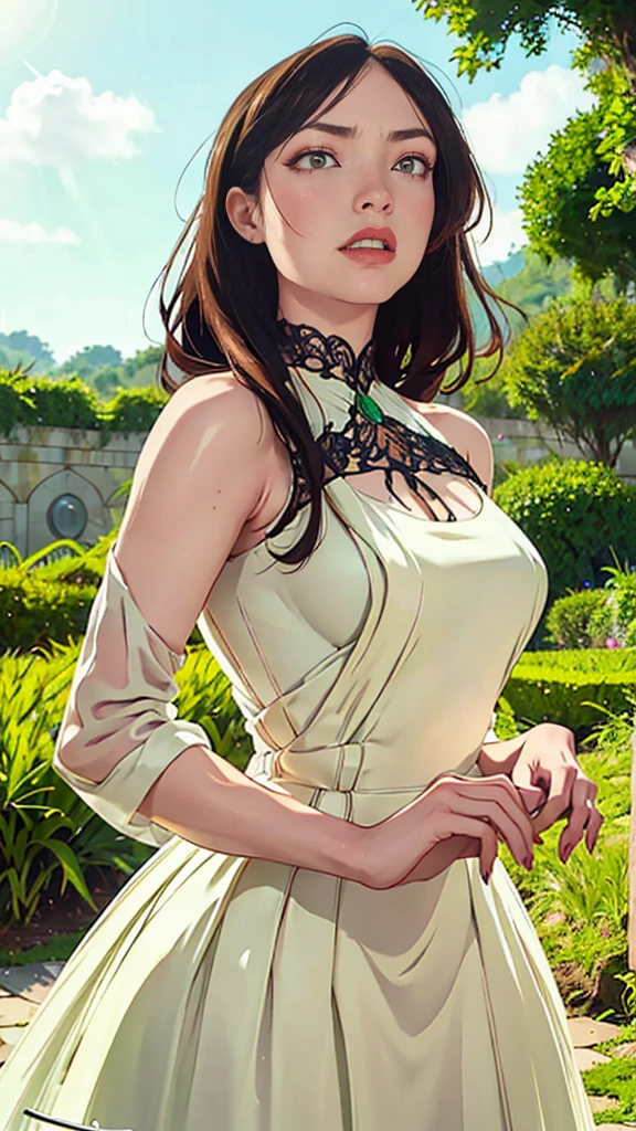 a beautiful woman with emerald green eyes, flowing black hair, wearing a stunning white wedding dress, standing in a lush garden setting, joyful and radiant expression, (best quality,4k,8k,highres,masterpiece:1.2),ultra-detailed,(realistic,photorealistic,photo-realistic:1.37),intricate details,elegant,soft lighting,warm tones,romantic,picturesque landscape,cinematic composition, feliz, alegre, sonriendo