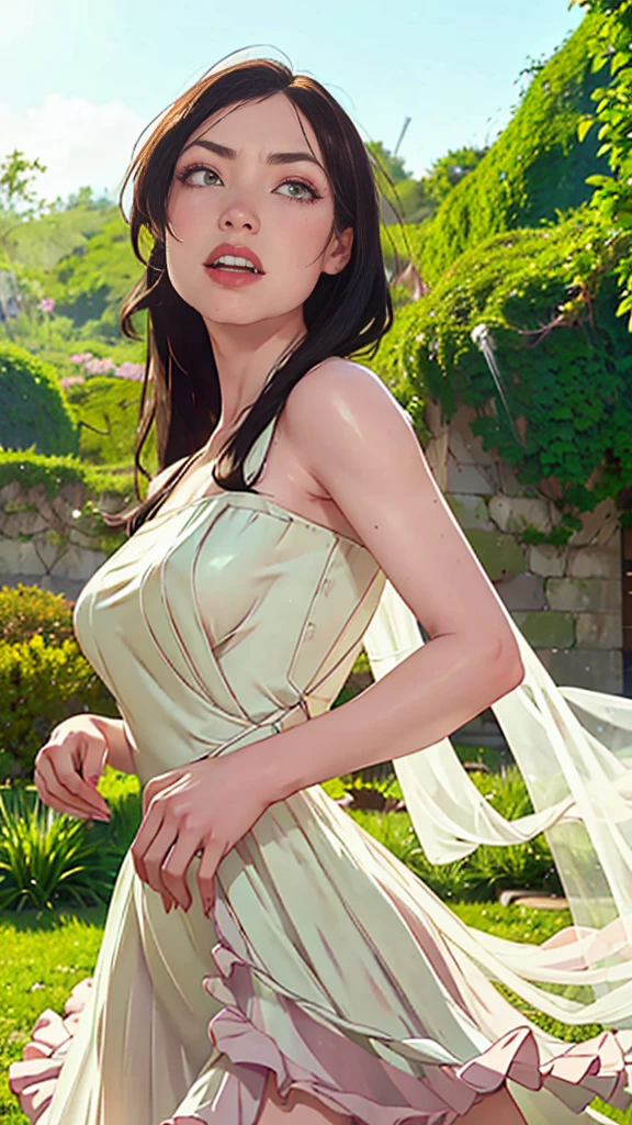 a beautiful woman with emerald green eyes, flowing black hair, wearing a stunning white wedding dress, standing in a lush garden setting, joyful and radiant expression, (best quality,4k,8k,highres,masterpiece:1.2),ultra-detailed,(realistic,photorealistic,photo-realistic:1.37),intricate details,elegant,soft lighting,warm tones,romantic,picturesque landscape,cinematic composition, feliz, alegre, sonriendo