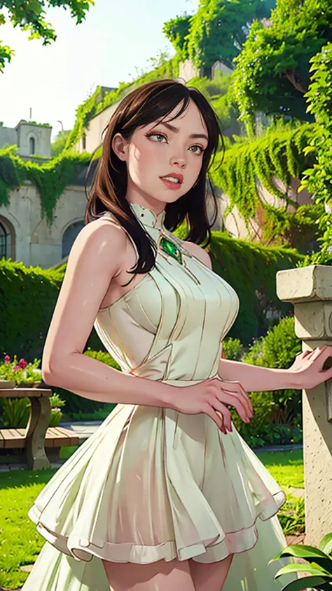 a beautiful woman with emerald green eyes, flowing black hair, wearing a stunning white wedding dress, standing in a lush garden...