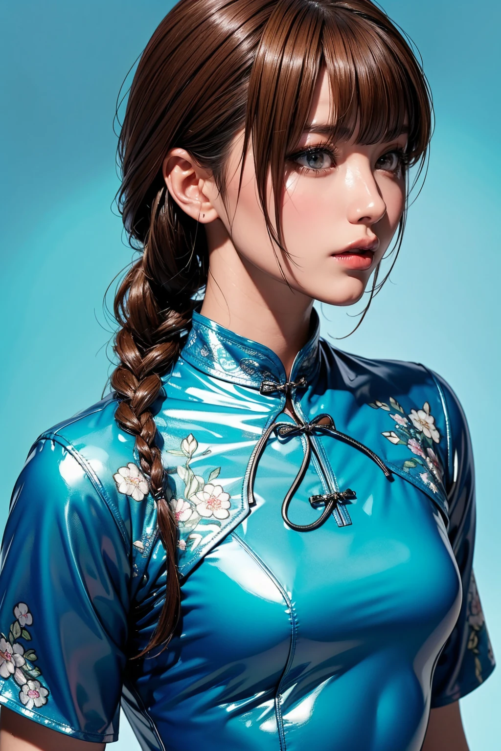 Realistic, masterpiece, Highest quality, Highest Resolution, Anatomically correct, Accurate Anatomy, 7 heads, Height: 165cm, One Japanese woman, A sharp expression with some teeth showing, Profile staring into the distance, Fine and beautiful eyes, Sparkling eyes, Thin eyebrows, Gives lashes a delicate finish, False eyelashes, (Chinese traditional makeup:1.2), (Braided hair, Blunt bangs, Brown Hair:1.2), Detailed face, Sharp Eyes, (Classic light blue and blue latex cheongsam, Tight-fitting clothing:1.3), Bust up photo, Blank background in warm colors