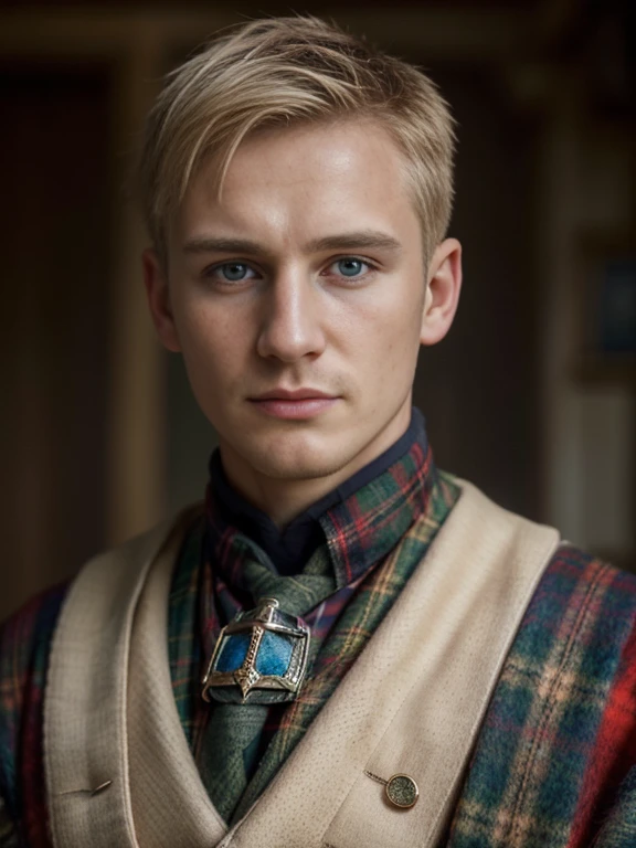 Front view, (looking at viewer:1.3), Scottish man, 24  years-old, (blond hair , blew eye,  buzz cut, brave, serious),A beautiful Scottish man wearing traditional Highland dress, including a tartan kilt and accessories like a sporran and sash, standing in a picturesque Scottish landscape. The scene should highlight the elegance and cultural richness of Scottish heritage, ((super detail, high details, high quality, accurate, anatomically correct, textured skin, beautiful fingers super detail, high details, high quality, best quality))