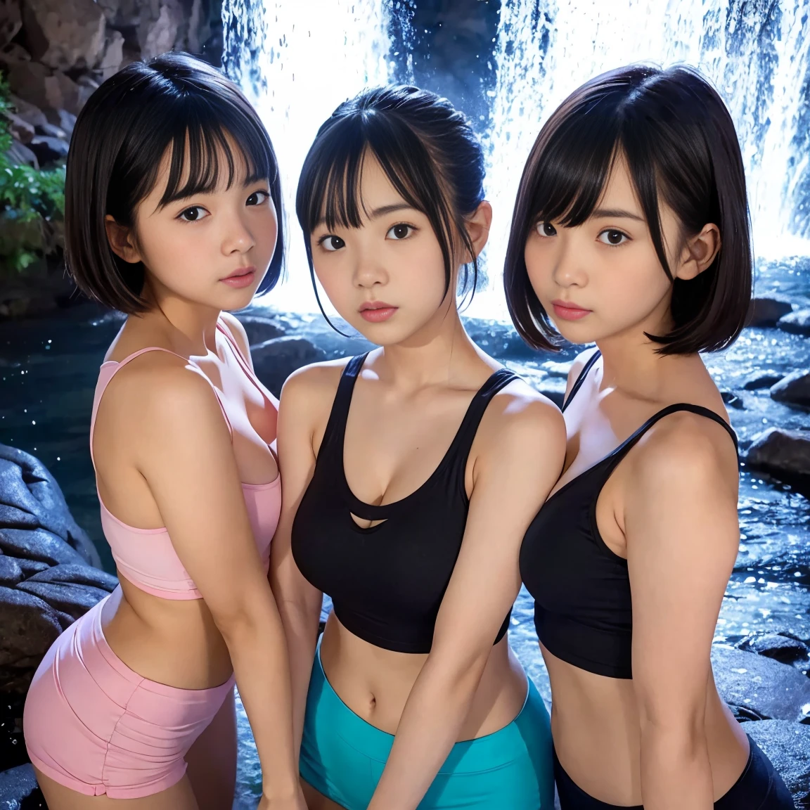 ( 3 girls),beautiful girl, Beautiful round breasts,view from the front,Breasts become more beautiful,G Cup, Tight waist,short bob,Young face,Random color tank top、,Close-up of upper body+++,waterfall,(nighttime)view from the front, You can clearly see the separation.,