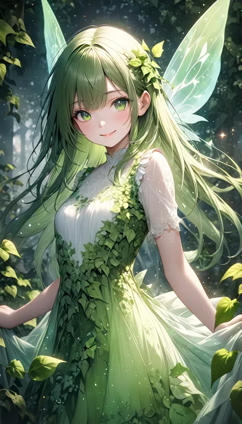 very beautiful female spirit fairy, with long straight green hair, green eyes, smiling, wearing a white and green long frilly dr...