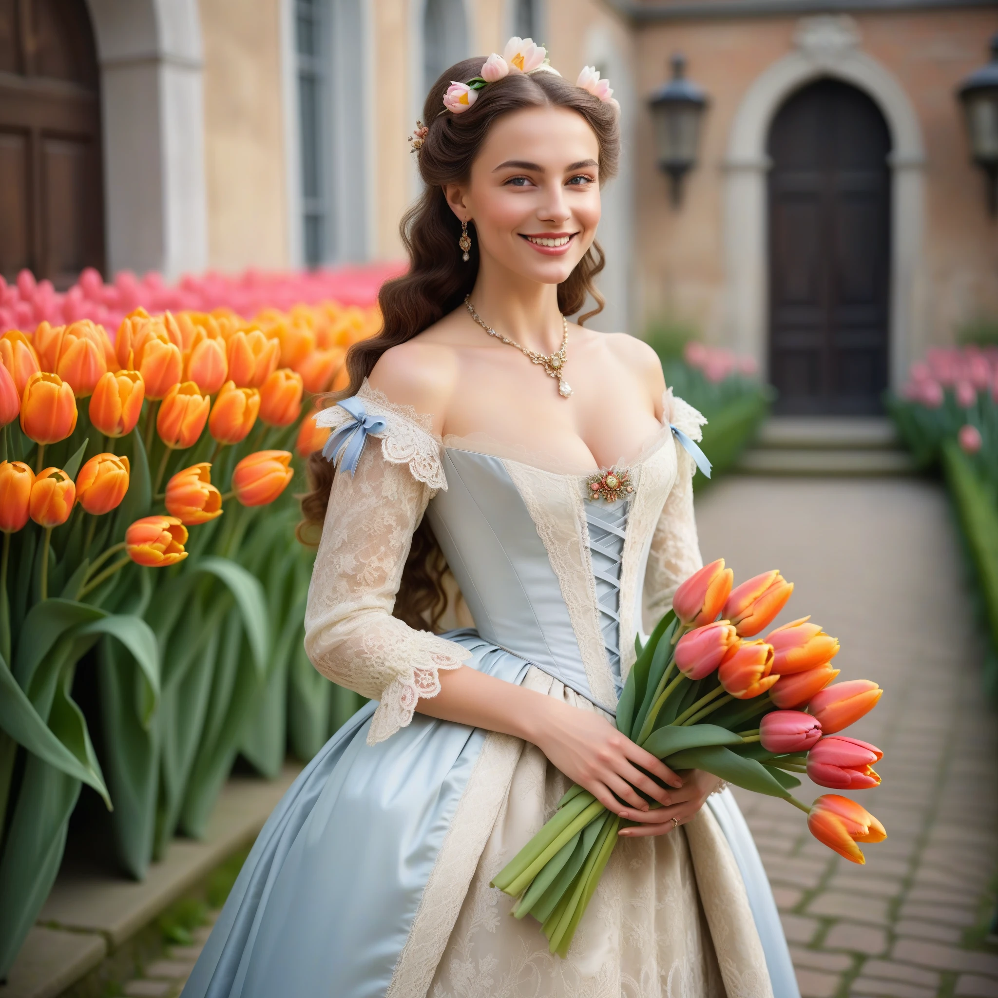 Medieval European royalty and aristocracy, the fashion trend for women with low necklines, accentuating cleavage, lavishly decorated with lace and ribbons, Rococo dresses, a young and extremely beautiful aristocratic woman smiling, half-body portrait of very beautiful aristocratic woman holding a bouquet of tulips, in a courtyard
