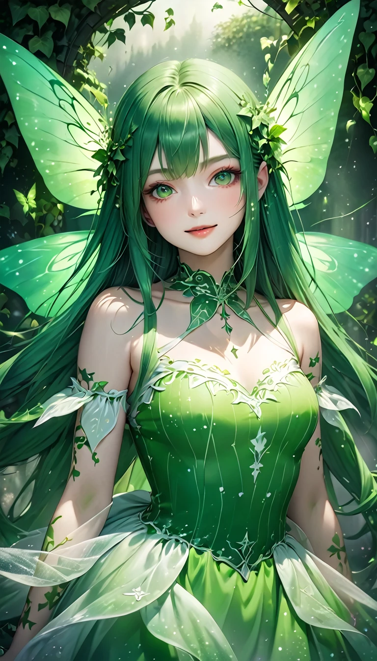 very beautiful female spirit fairy, with long straight green hair, green eyes, smiling, wearing a white and green long frilly dress, covered in green tattoos, great proportion, ivy, shading effects, gradation magic effects, foggy filter effects, glitter effects, (ultra detailed, absolutely resolution, best quality:1.3), 2.5D, delicate and dynamic, artistic photography, hyper realistic, graphic CG digital art