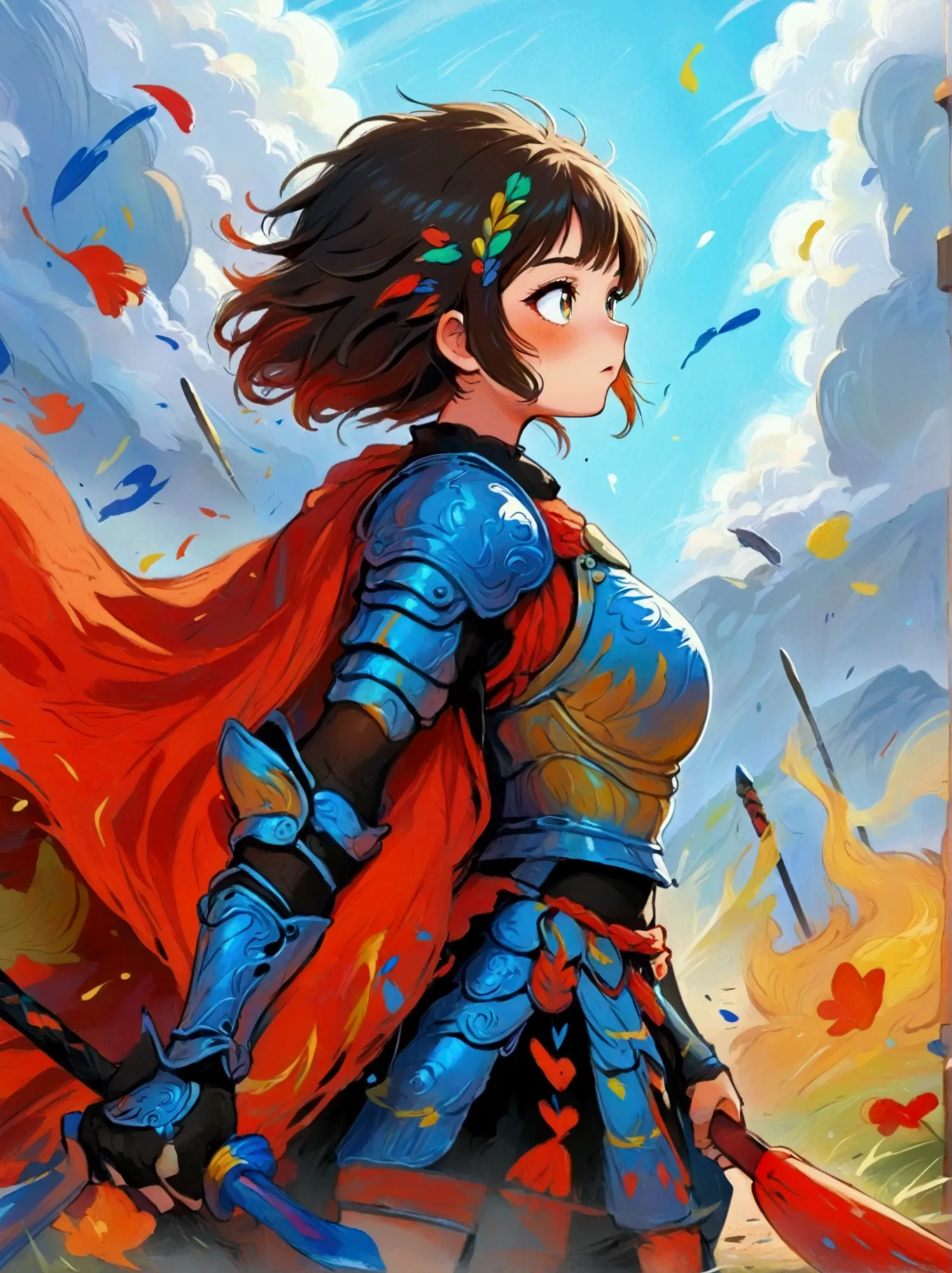 Create a digital painting that portrays a brave warrior, symbolizing the battle of health. Use bold and vibrant colors to enhanc...