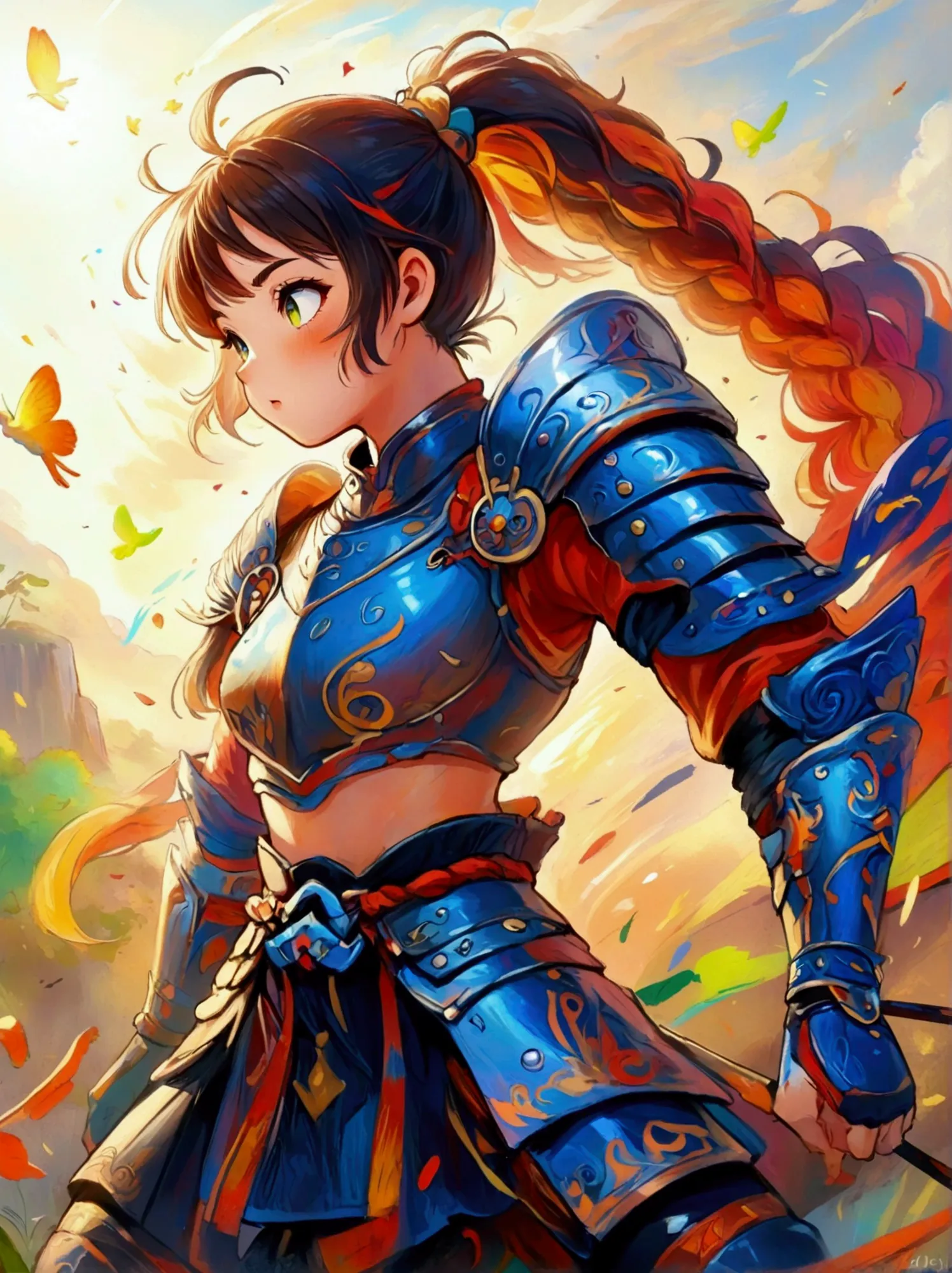 Create a digital painting that portrays a brave warrior, symbolizing the battle of health. Use bold and vibrant colors to enhanc...