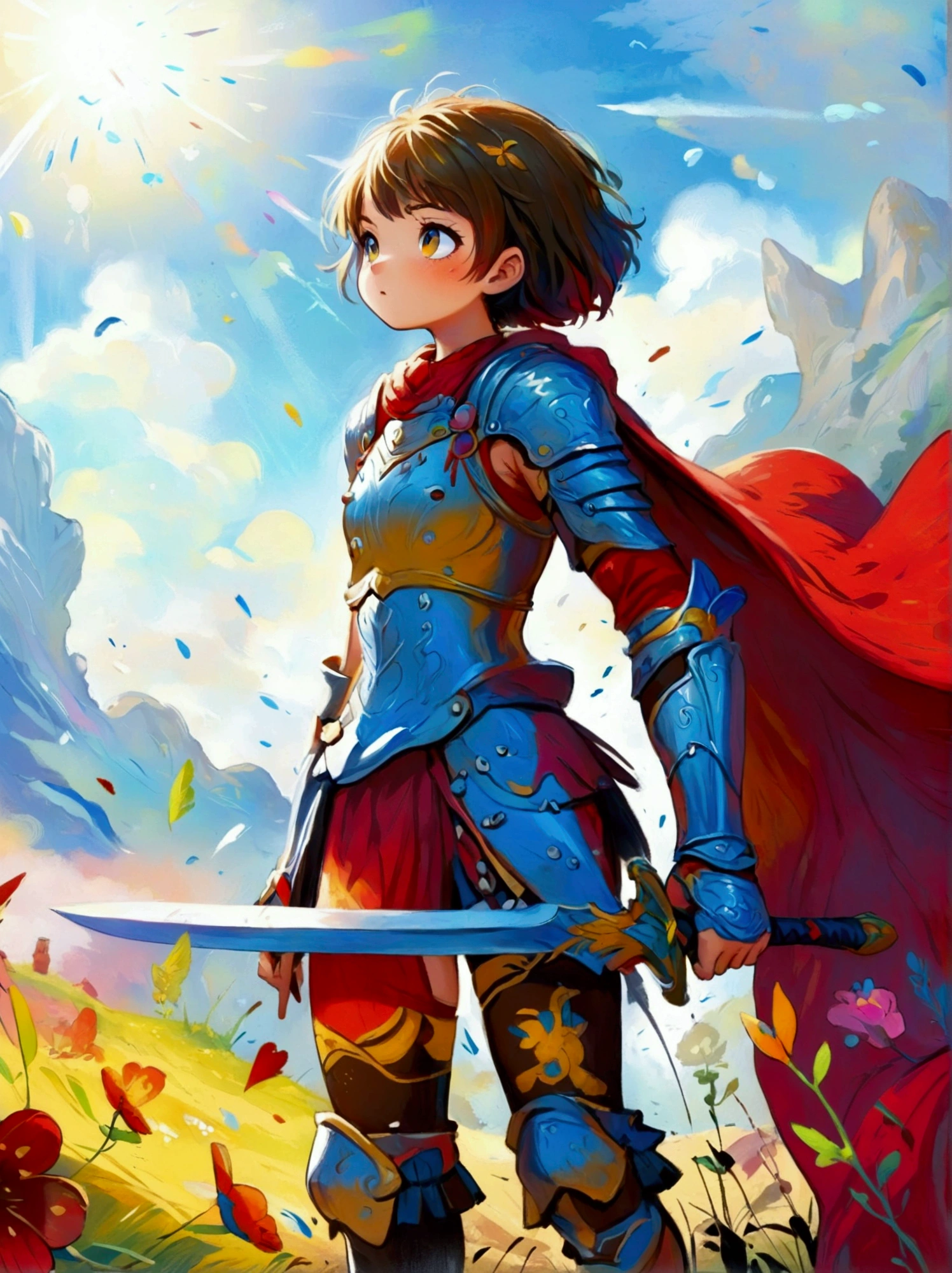 Create a digital painting that portrays a brave warrior, symbolizing the battle of health. Use bold and vibrant colors to enhance the whimsical and vivacious feel, typical of children's design. The warrior should be seen in dynamic poses, drawing inspiration from comic books. The painting should embody the essence of perseverance and strength with energetic brushstrokes. Remember to capture the child-friendly design and translate it into the language of a brave warrior fighting their battle, thus making health an accessible concept to the young.
