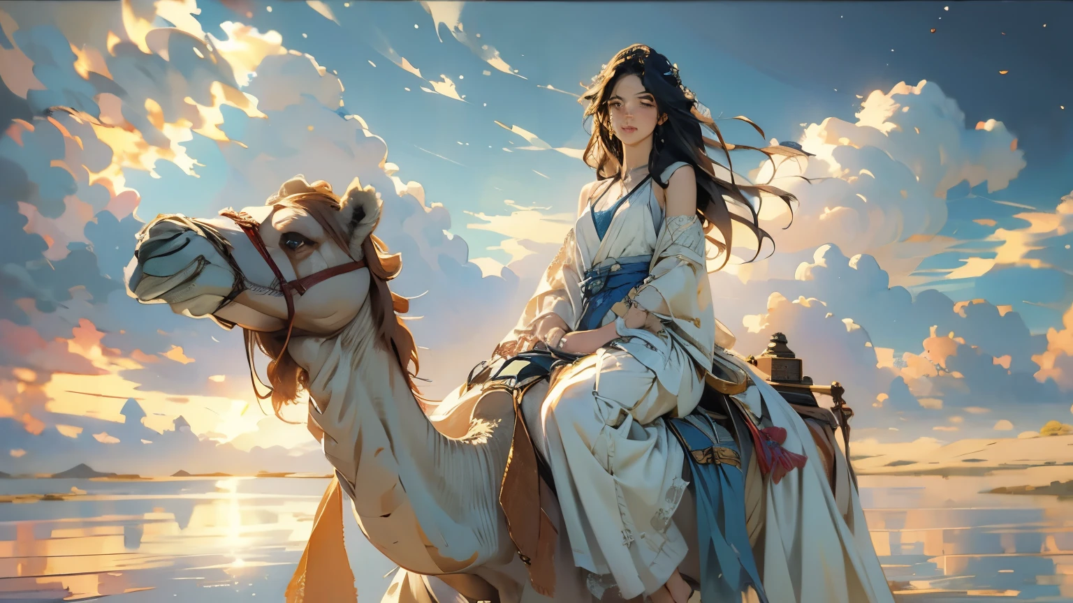 Moonlit Night、(Crescent Moon)、A young princess travelling through the moonlit desert、Beautiful Face、(Camel and)、Spacious, Thin silk robe、In the middle of a vast desert、Sand dunes stretching to the horizon、Clear night sky、Capturing the essence of determination and wisdom、Subtle warm tones、High resolution、Very detailed、