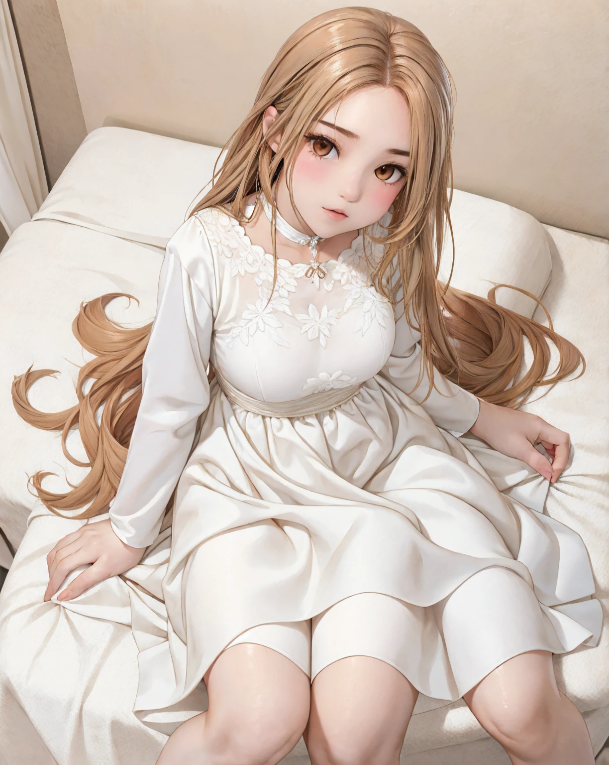 Cute girl with pale white skin and brown eyes is lying on bed wearing pretty dress., huge breasts, big , long white hair, (매우 big 가슴),big 엉덩이, small waist. sit on a chair.